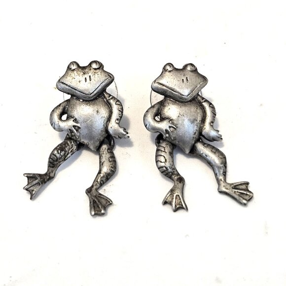 JJ Jonette Silver Pewter Articulated Frog Dangle Drop Earrings - Picture 1 of 3